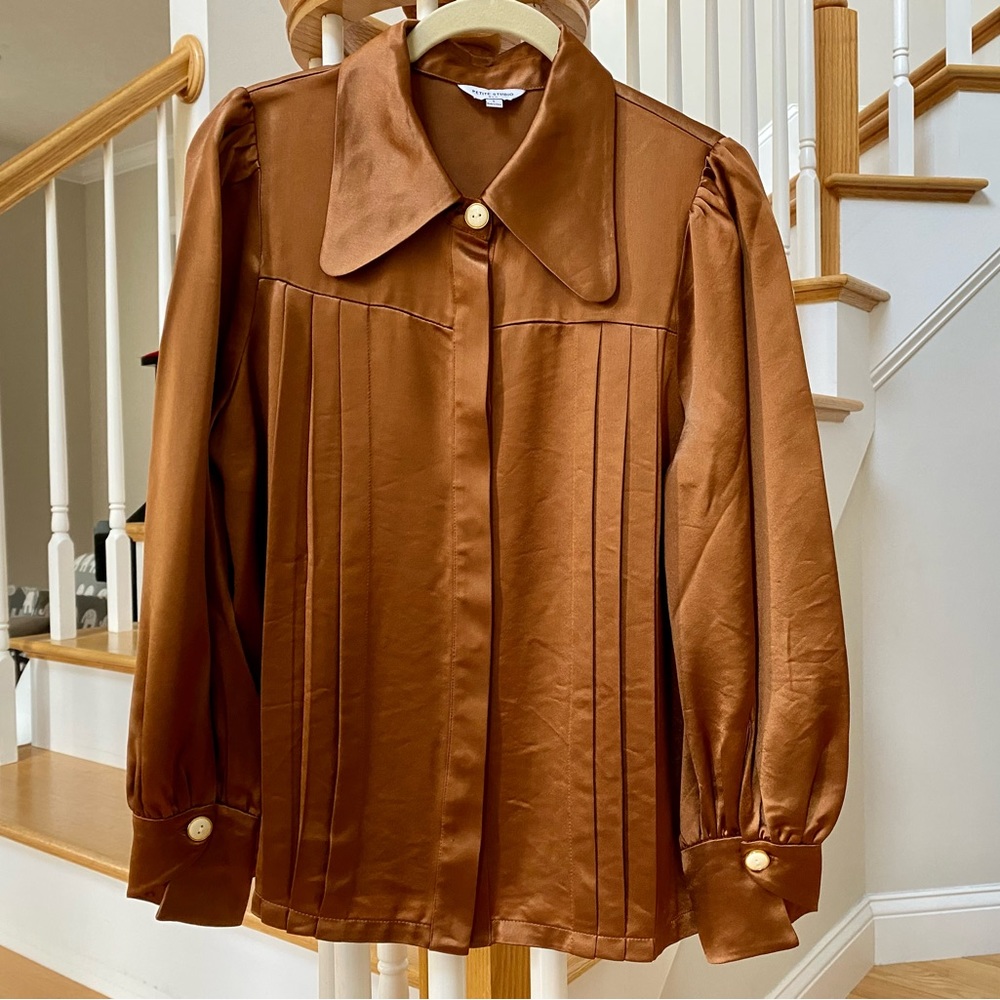 Petite Studio Satin Button-Down Shirt in Rust Brown